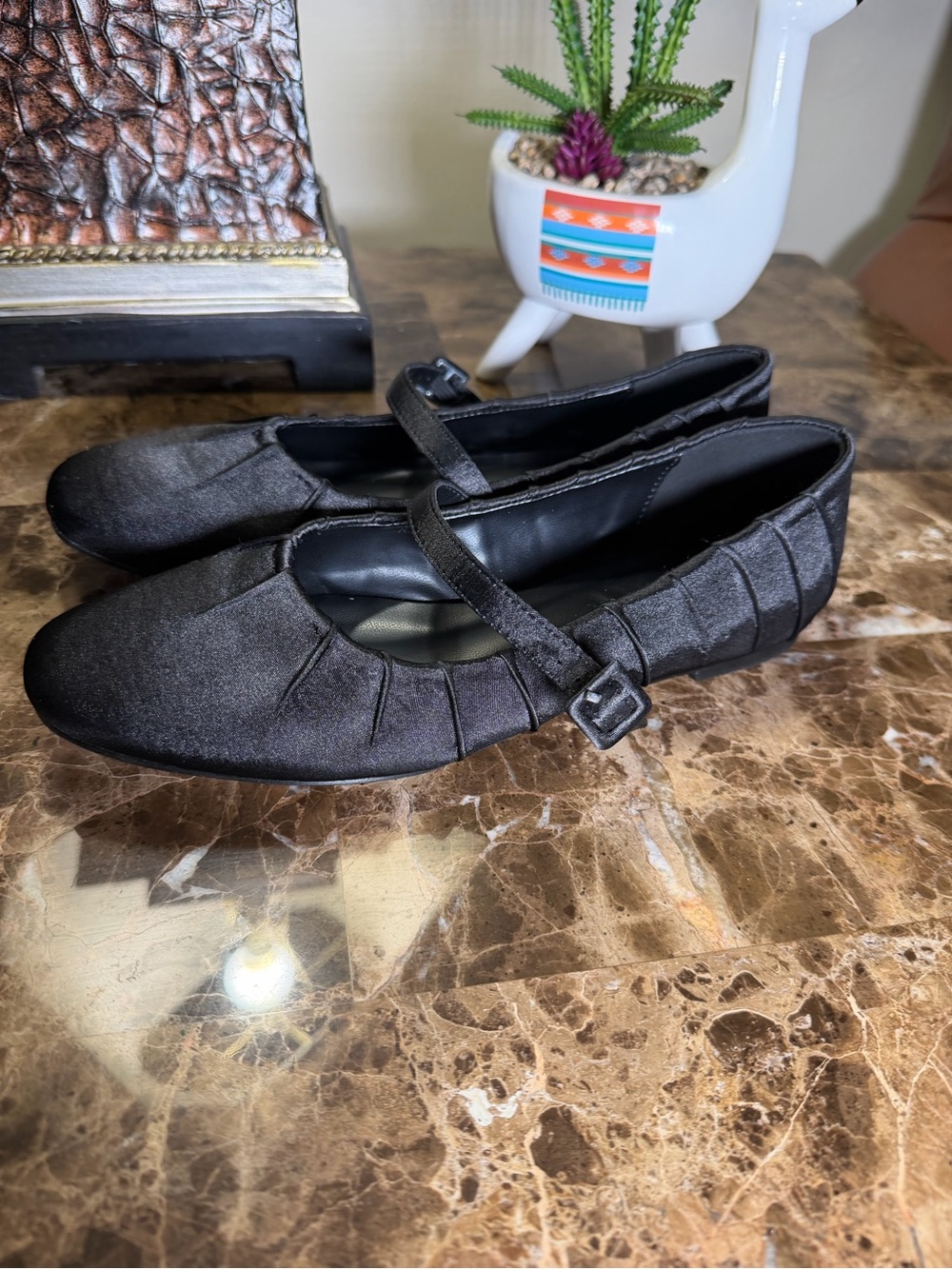 Cider Black Satin Mary Jane Flats with Buckle Strap and Pleated Detail
